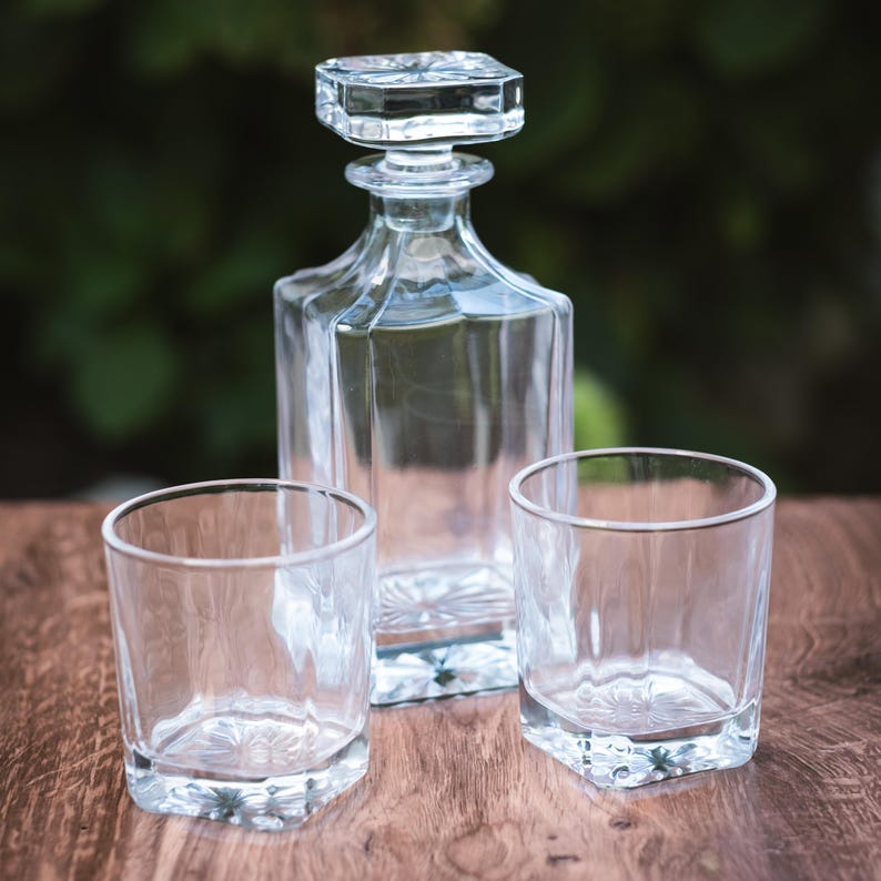 750ml Square Glass Decanter Set with Four 11 oz. Glasses in a Black Gift Box with Printed Paper Sleeve