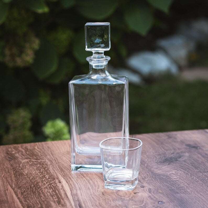 810ml Rectangle Glass Decanter Set with Four 8 oz. Glasses in a Black Gift Box with Printed Paper Sleeve