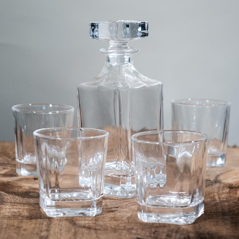 750ml Square Glass Decanter Set with Four 11 oz. Glasses in a Black Gift Box with Printed Paper Sleeve