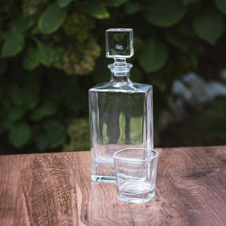 810ml Rectangle Glass Decanter Set with Four 8 oz. Glasses in a Black Gift Box with Printed Paper Sleeve